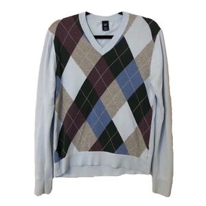 GAP Argyle Print Blue Long Sleeve V-Neck Sweater